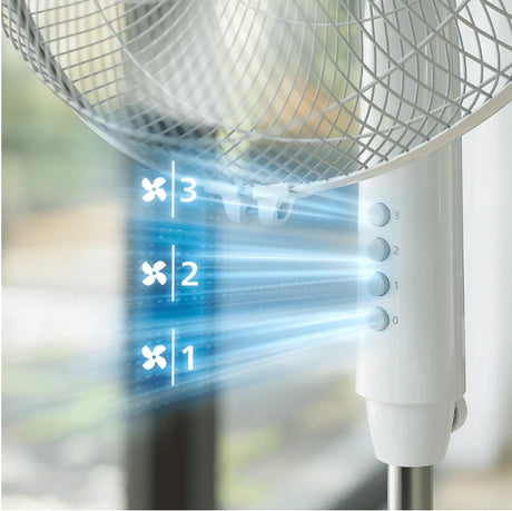 Philips Series 600 pedestal fan with adjustable height and large fan blades for effective airflow in a modern home setting.