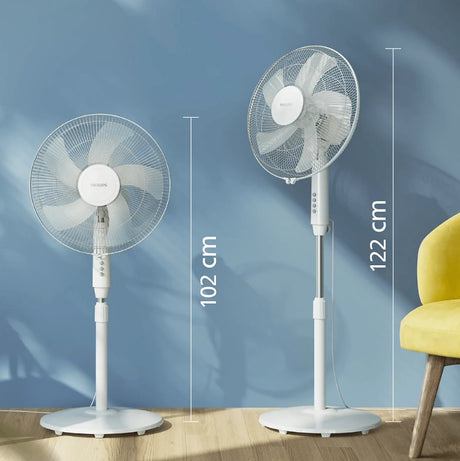 Philips Series 600 pedestal fan ACP620/00 showing adjustable height and oscillating head in a modern room setting