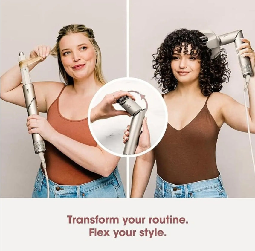 Two women demonstrate a silver and white hair styling tool in different hair lengths, with a circular inset showing a close-up of the product attachment. Text at the bottom reads, 'Transform your routine.