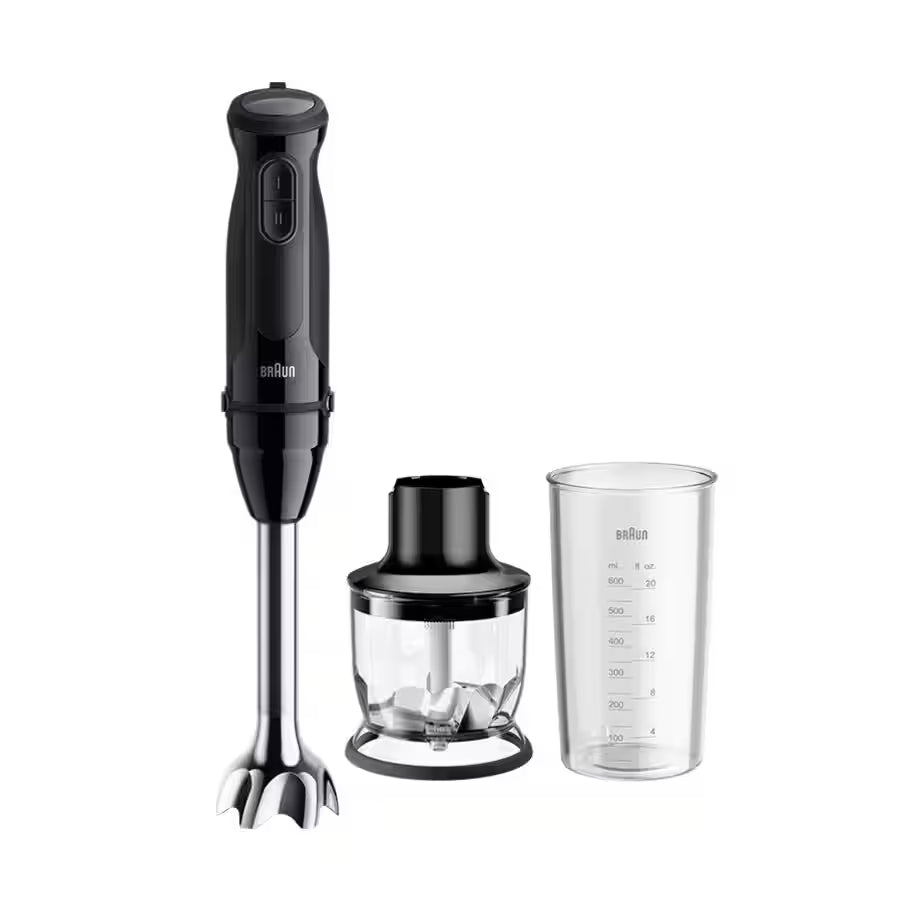 Taghareed Braun MultiQuick 3 hand blender in black with stainless steel shaft, chopper attachment, and measuring cup.