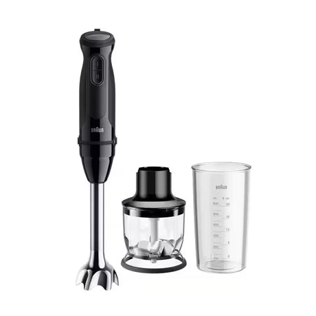 Taghareed Braun MultiQuick 3 hand blender in black with stainless steel shaft, chopper attachment, and measuring cup.