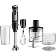 Taghareed Braun MultiQuick 5 Pro hand blender set with whisk, chopper, and measuring cup. Black and silver.