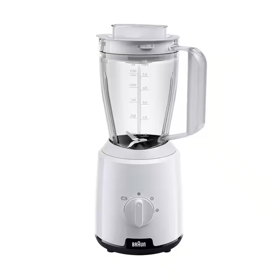 Taghareed Braun PowerBlend 1 JB1000 white 500W blender with 2L jug, TriAction Technology, 2 speeds + pulse, and ice crush function.