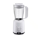 Taghareed Braun PowerBlend 1 JB1000 white 500W blender with 2L jug, TriAction Technology, 2 speeds + pulse, and ice crush function.