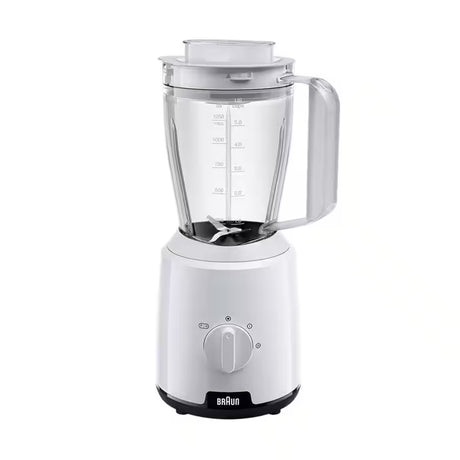 Taghareed Braun PowerBlend 1 JB1000 white 500W blender with 2L jug, TriAction Technology, 2 speeds + pulse, and ice crush function.