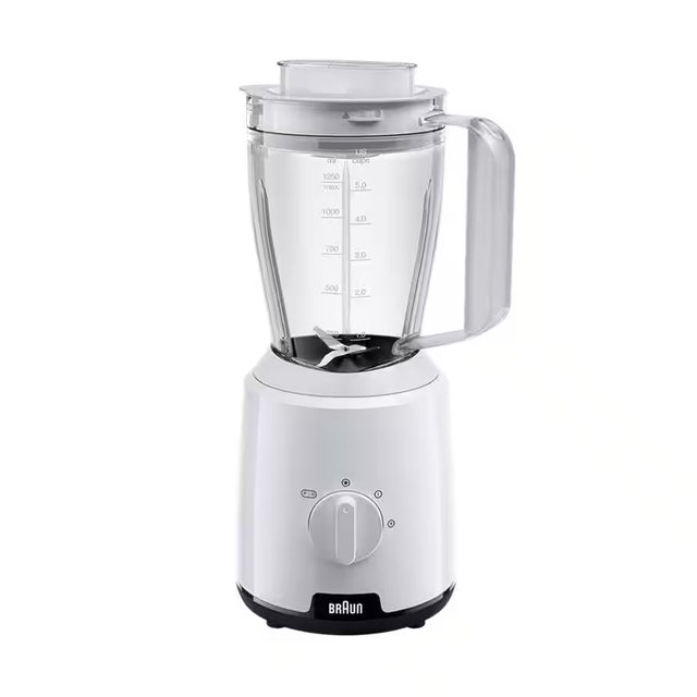 Taghareed Braun PowerBlend 1 JB1000 white 500W blender with 2L jug, TriAction Technology, 2 speeds + pulse, and ice crush function.