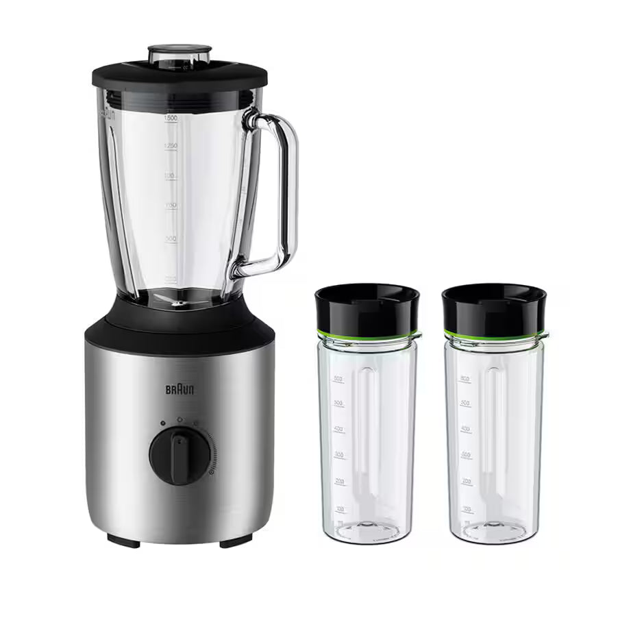 Taghareed Braun PowerBlend 3 jug blender with 1.5L glass jug, 800W motor, TriAction Technology, variable speed, and two 600ml Smoothie2Go bottles.