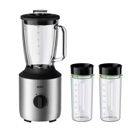 Taghareed Braun PowerBlend 3 jug blender with 1.5L glass jug, 800W motor, TriAction Technology, variable speed, and two 600ml Smoothie2Go bottles.