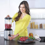Taghareed Braun PowerBlend 3 jug blender with 1.5L glass jug, 800W motor, TriAction Technology, variable speed, and two 600ml Smoothie2Go bottles.
