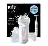 Taghareed Braun Silk-épil 5 epilator being used on underarm, leg, and bikini line. White device with pink accents.