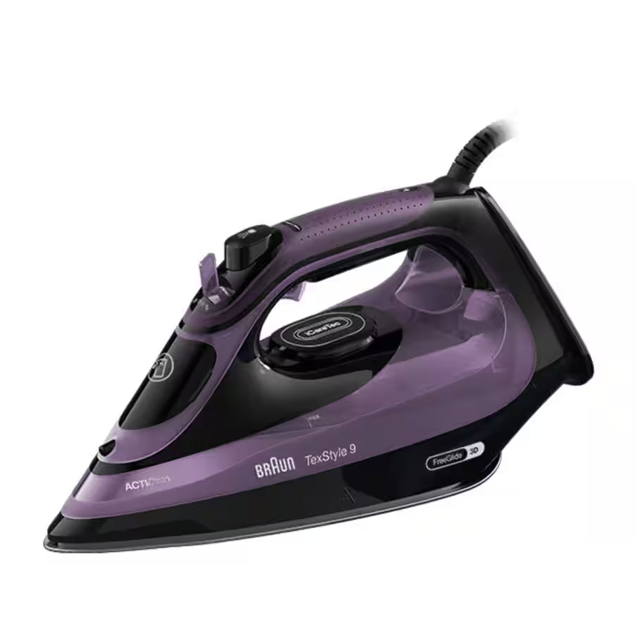 Taghareed Braun TexStyle 9 Steam Iron SI9661VI, purple and black, with 3100W power and EloxalPlus soleplate.