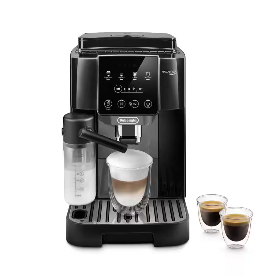 Taghareed De'Longhi Magnifica Start automatic coffee machine with milk frother, making a latte and two espressos.