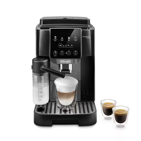 Taghareed De'Longhi Magnifica Start automatic coffee machine with milk frother, making a latte and two espressos.