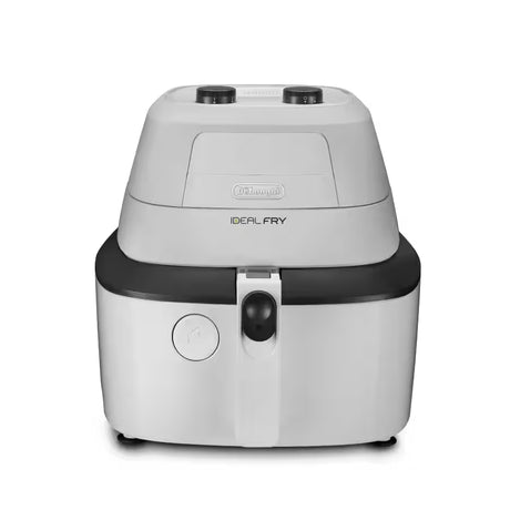 Taghareed De'Longhi MultiFry One white air fryer and multi-cooker with black accents and two control knobs.