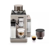 Taghareed De'Longhi Rivelia automatic coffee machine in beige with dual bean hoppers, milk carafe, and a latte macchiato.