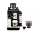 Taghareed De'Longhi Rivelia automatic coffee machine in black with dual bean hoppers, milk carafe, and two coffee cups.