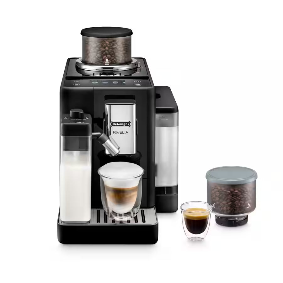 Taghareed De'Longhi Rivelia automatic coffee machine in black with dual bean hoppers, milk carafe, and two coffee cups.