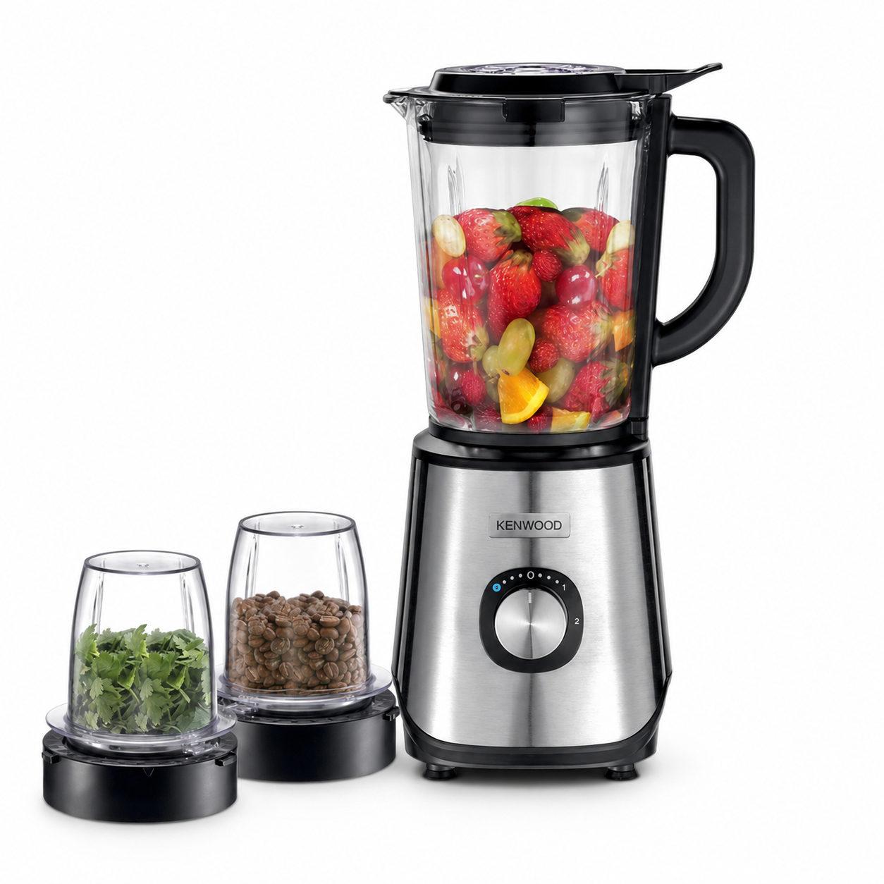 Taghareed Kenwood 1000W stainless steel blender with 2L glass jar, 2 mills, and smoothie.