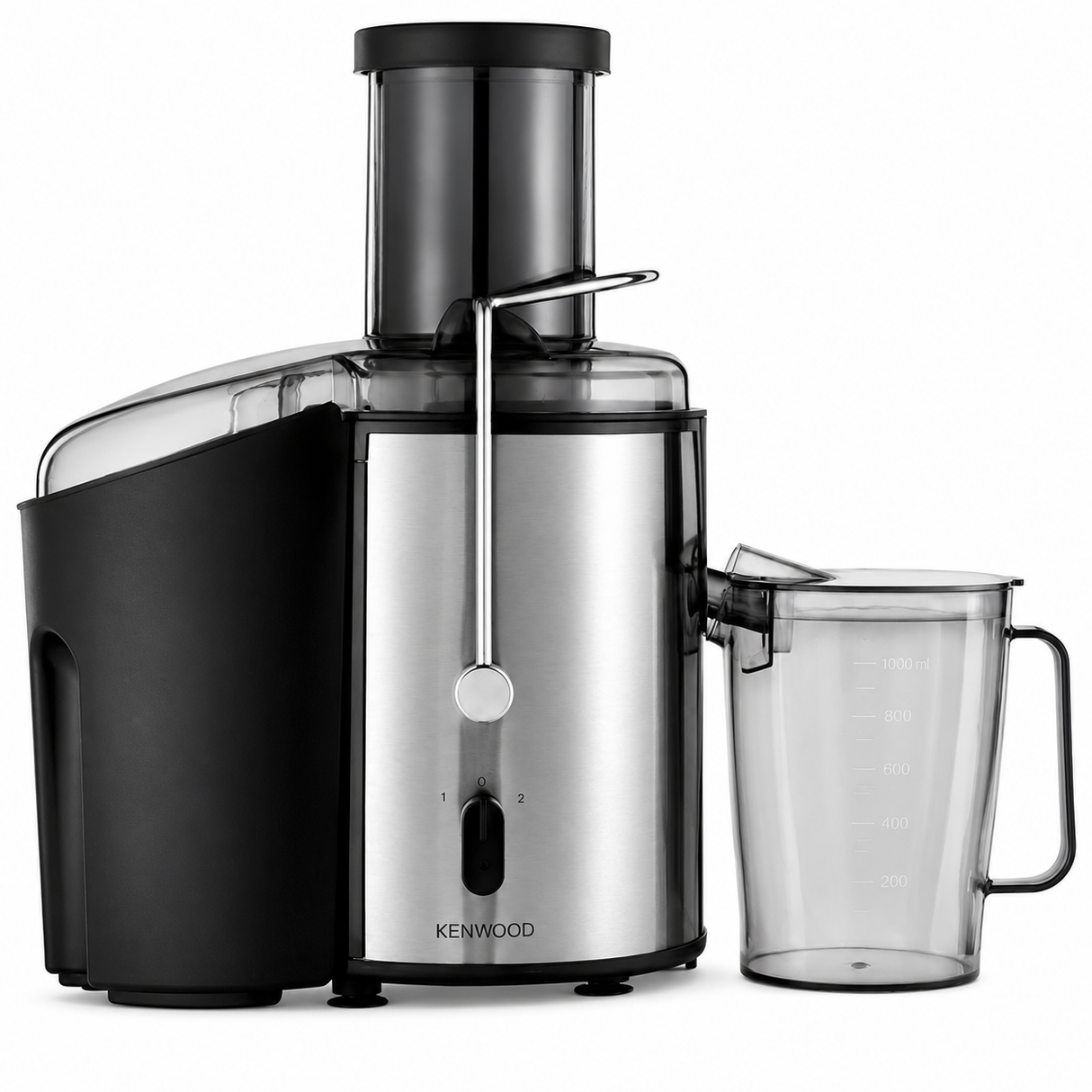 Taghareed Kenwood centrifugal juicer in stainless steel and black, 800W, with a wide chute and juice jug.
