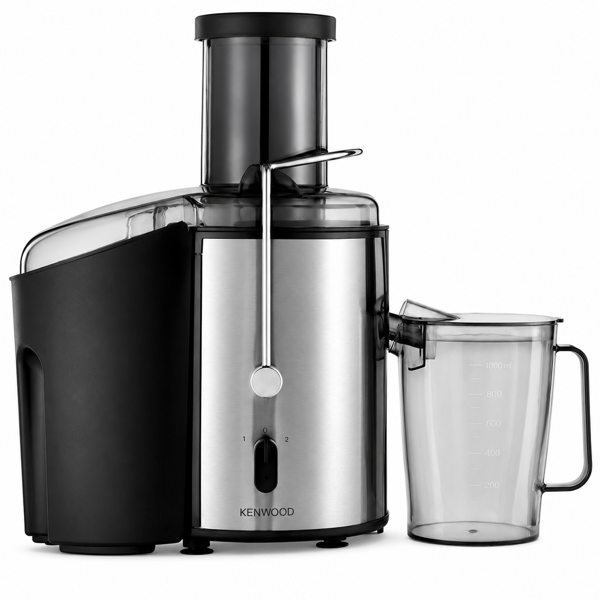 Taghareed Kenwood centrifugal juicer in stainless steel and black, 800W, with a wide chute and juice jug.