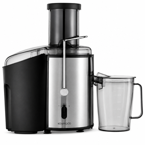 Taghareed Kenwood centrifugal juicer in stainless steel and black, 800W, with a wide chute and juice jug.