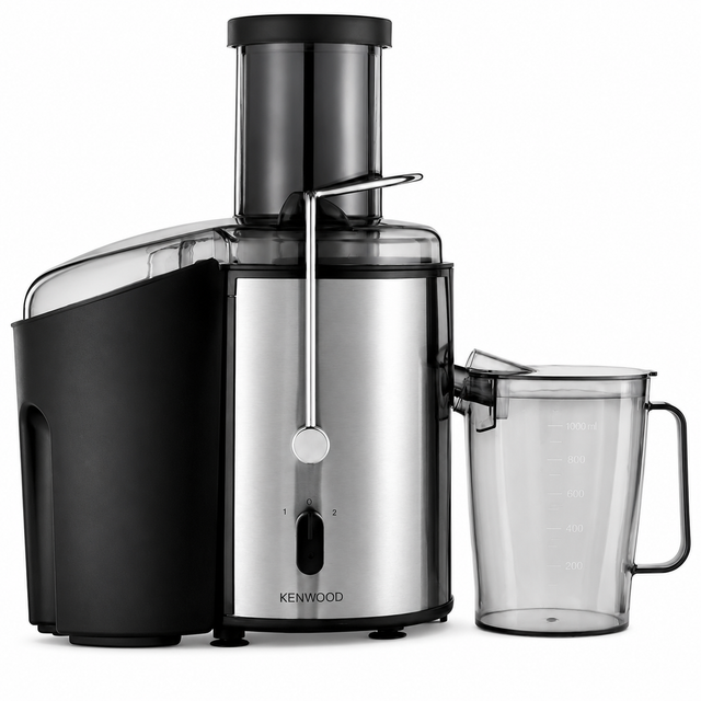 Taghareed Kenwood centrifugal juicer in stainless steel and black, 800W, with a wide chute and juice jug.