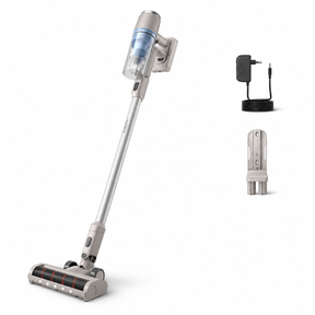 Taghareed Philips 2000 Series cordless vacuum cleaner in silver and grey with LED floor nozzle and wall mount.