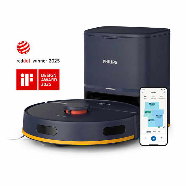 Taghareed Philips 2000 Series robot vacuum cleaner in dark blue with yellow accents, featuring LDS laser navigation and auto-empty station.