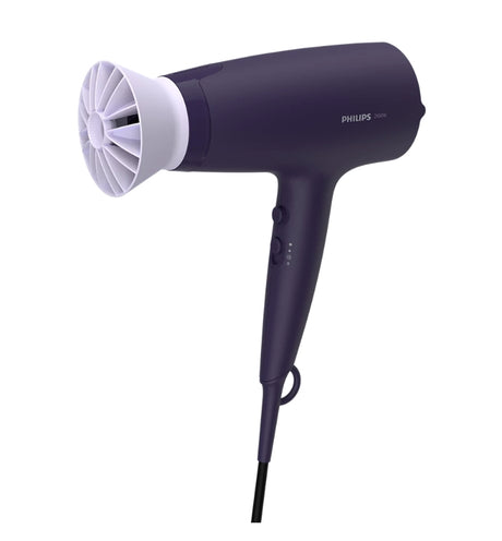 Taghareed Philips 3000 Series purple hair dryer with ThermoProtect attachment and 6 heat/speed settings.