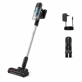Taghareed Philips 3000 Series Cordless Vacuum XC3031/61, black and silver, with LED nozzle and 25.2V battery.