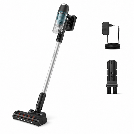 Taghareed Philips 3000 Series Cordless Vacuum XC3031/61, black and silver, with LED nozzle and 25.2V battery.