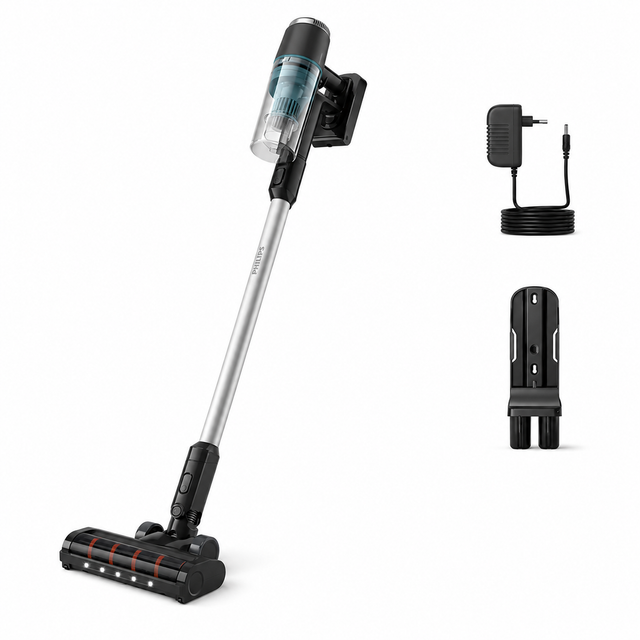 Taghareed Philips 3000 Series Cordless Vacuum XC3031/61, black and silver, with LED nozzle and 25.2V battery.