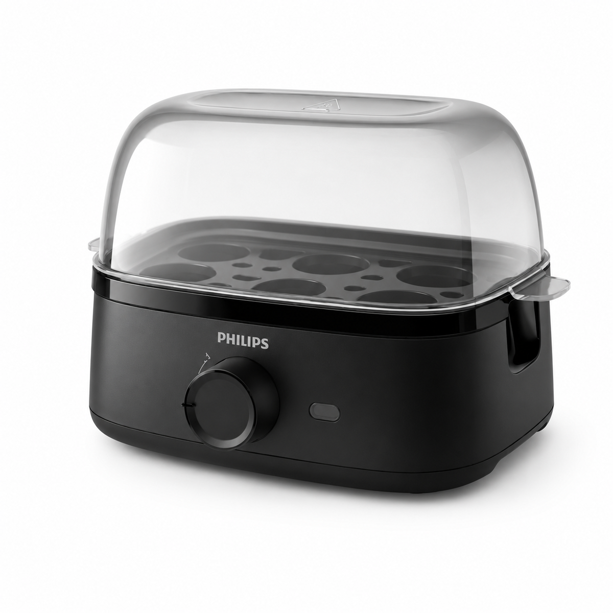 Taghareed Philips 3000 Series HD9137/91 black egg cooker with clear lid, steams up to 6 eggs or 3 poached eggs.