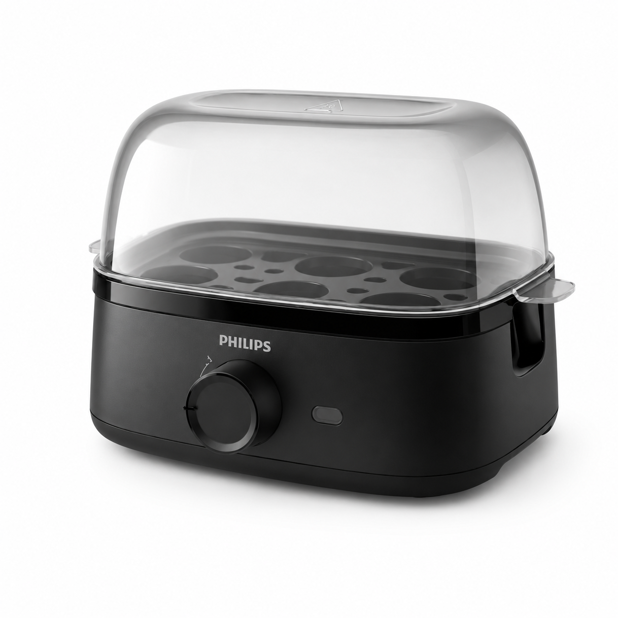 Taghareed Philips 3000 Series HD9137/91 black egg cooker with clear lid, steams up to 6 eggs or 3 poached eggs.