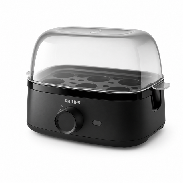 Taghareed Philips 3000 Series HD9137/91 black egg cooker with clear lid, steams up to 6 eggs or 3 poached eggs.