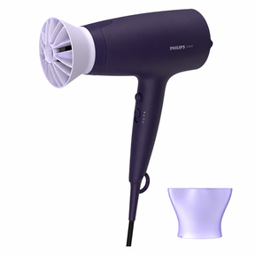 Taghareed Philips 3000 Series purple hair dryer with ThermoProtect attachment and 6 heat/speed settings.
