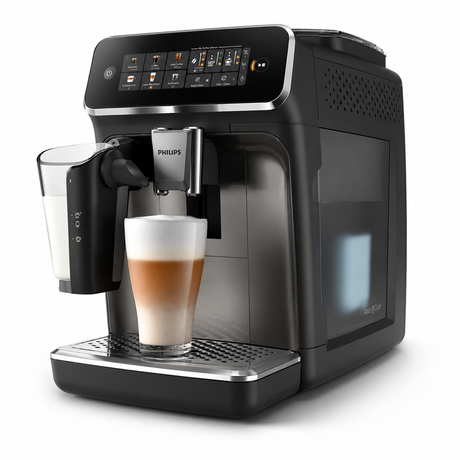 Taghareed Philips 3300 Series fully automatic espresso machine with LatteGo milk system, making a layered latte.