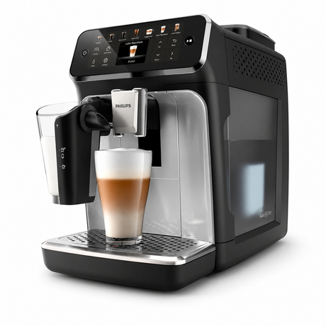 Taghareed Philips 4400 Series fully automatic espresso machine with LatteGo system, making a latte macchiato.