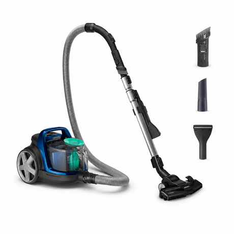 Taghareed Philips 5000 Series bagless vacuum cleaner in blue and black, with TriActive nozzle and 3 accessories.
