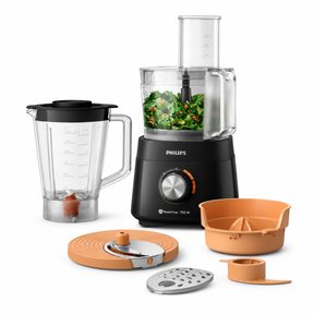Taghareed Philips 5000 Series black food processor with 750W motor, 1.5L bowl, and 6 accessories including blender, citrus press, and chopping discs.