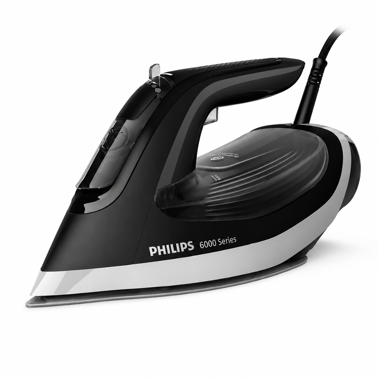 Taghareed Philips 6000 Series DST6120/86 steam iron, black and silver, with 2600W power and SteamGlide Plus soleplate.