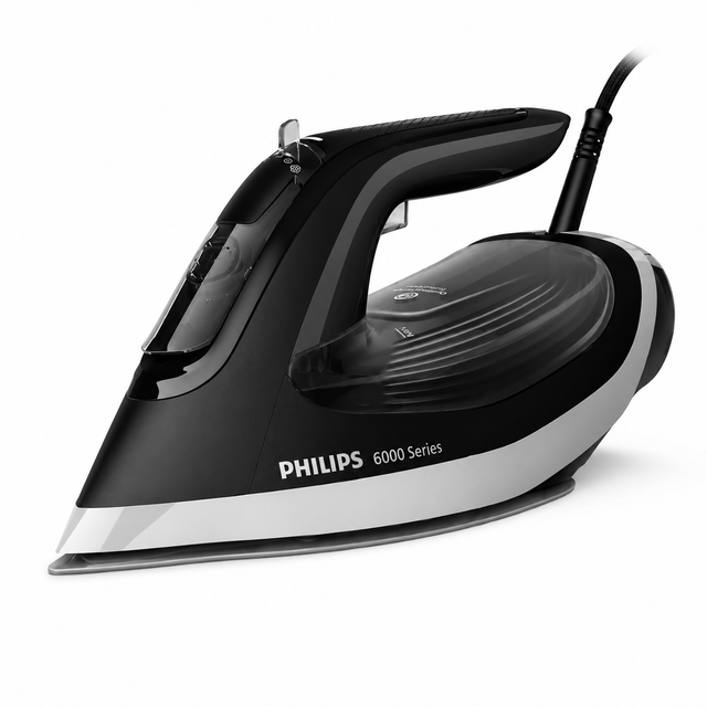 Taghareed Philips 6000 Series DST6120/86 steam iron, black and silver, with 2600W power and SteamGlide Plus soleplate.