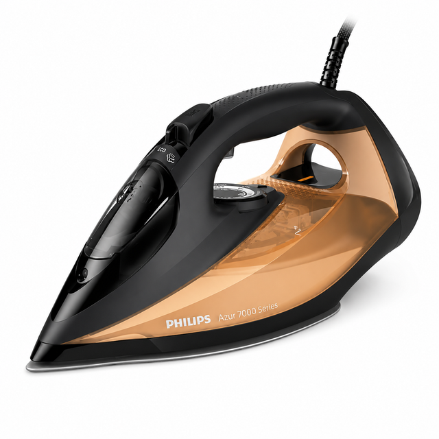 Taghareed Philips 7000 Series steam iron in black and gold with SteamGlide Elite soleplate and 300ml water tank.