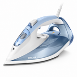 Taghareed Philips 7000 Series steam iron in light blue and grey with a white cord and a transparent water tank.