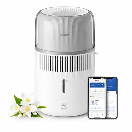 Taghareed Philips Air Humidifier 5000 Series HU5710/00, white, NanoCloud technology, 4.5L tank, 400ml/hr, 56 sqm coverage, app control.