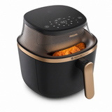 Taghareed Philips Airfryer 3000 Series XL NA342/09 with digital touchscreen and transparent cooking window, black and gold.