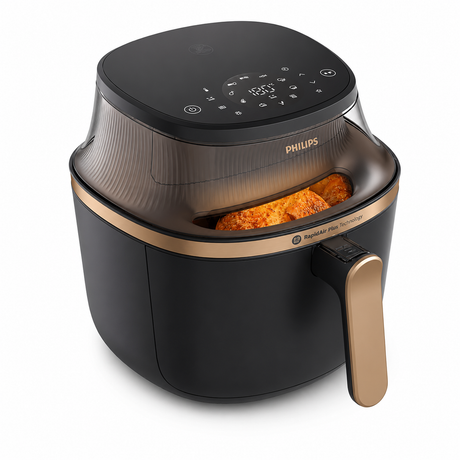 Taghareed Philips Airfryer 3000 Series XL NA342/09 with digital touchscreen and transparent cooking window, black and gold.