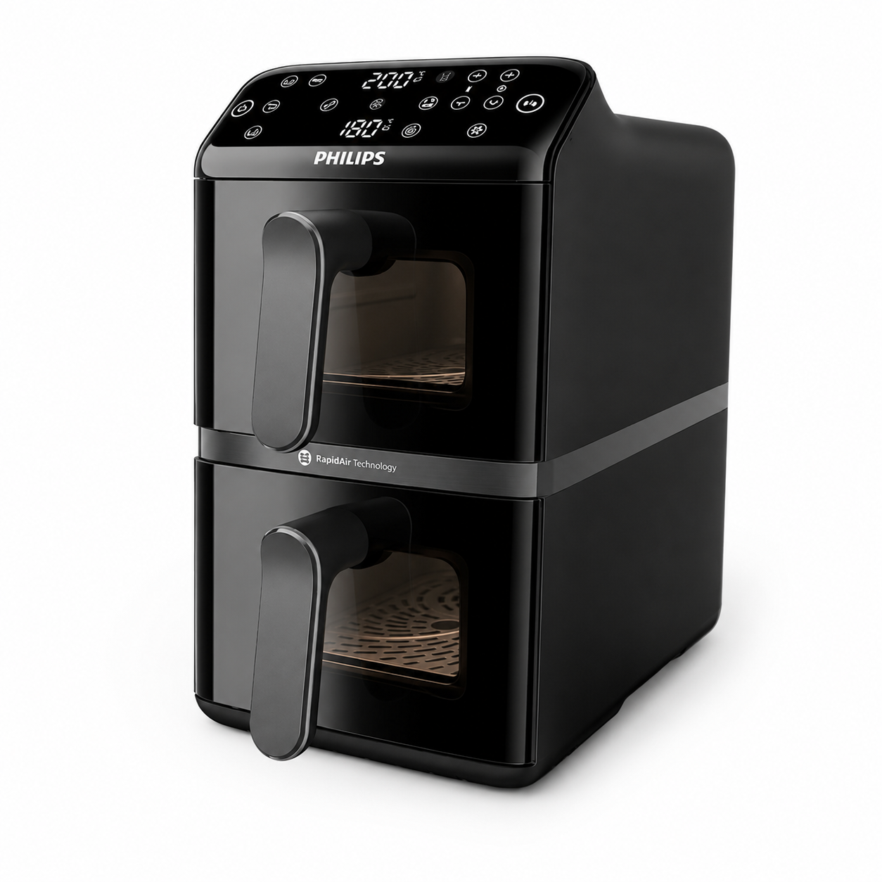 Taghareed Philips Airfryer 4000 Series dual basket stacked design with clear windows showing broccoli and chicken cooking.