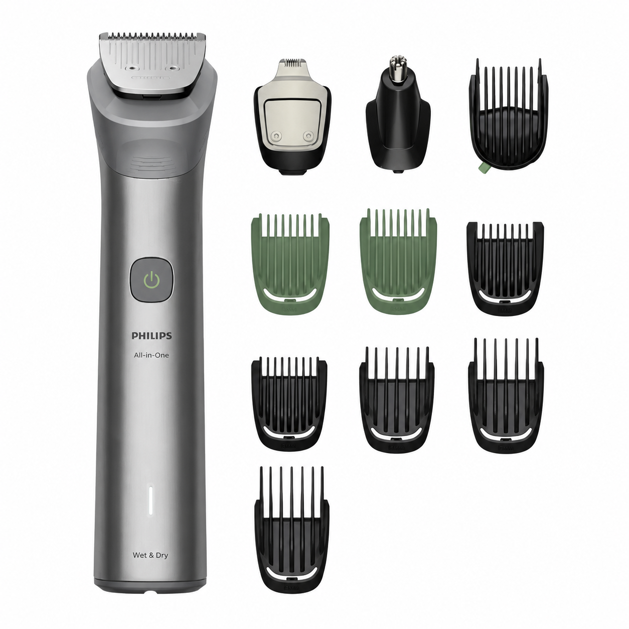 Taghareed Philips All-in-One Trimmer Series 5000 MG5923/15 with 12 attachments for beard, hair, body, and nose/ear trimming. Features Self-Sharpening Steel blades and Wet & Dry use.