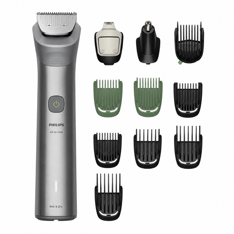 Taghareed Philips All-in-One Trimmer Series 5000 MG5923/15 with 12 attachments for beard, hair, body, and nose/ear trimming. Features Self-Sharpening Steel blades and Wet & Dry use.